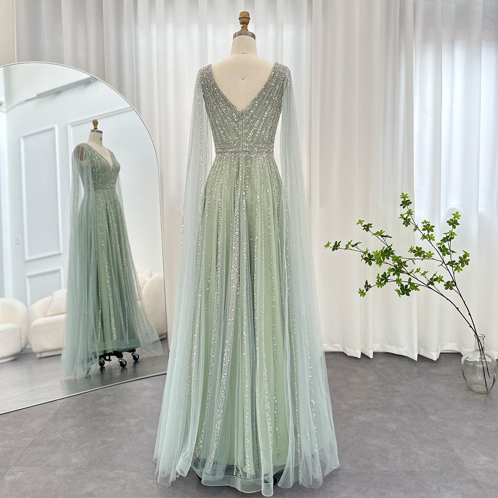 Luxury Beaded Nude Evening Dress with Cape Sleeves SS322