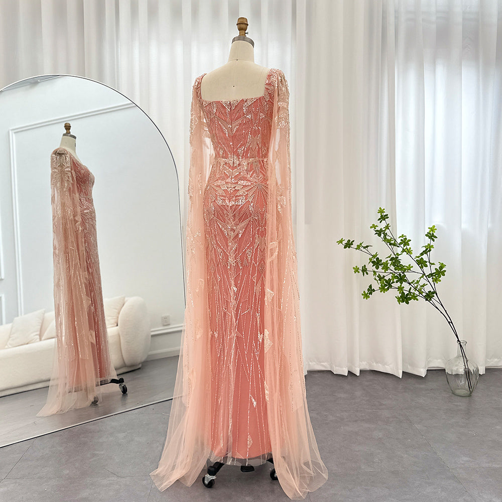 Luxury Nude Pink Square Collar Evening Dresses with Cape Sleeves SS497