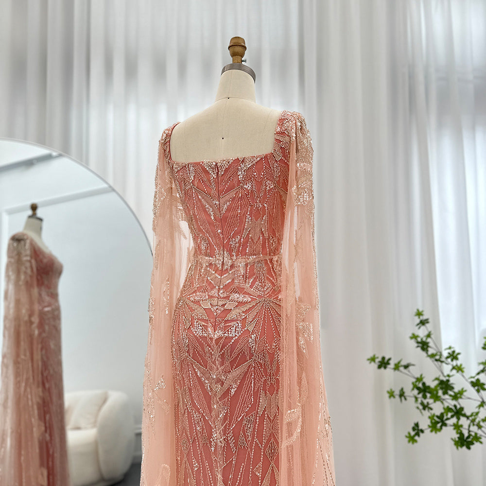 Luxury Nude Pink Square Collar Evening Dresses with Cape Sleeves SS497
