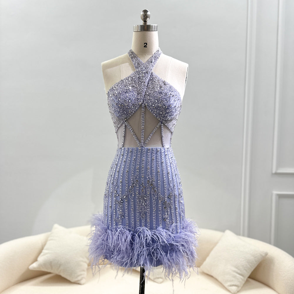 Luxury Feathers Nude Crystal Halter Neck Mini Evening Dresses SS312
