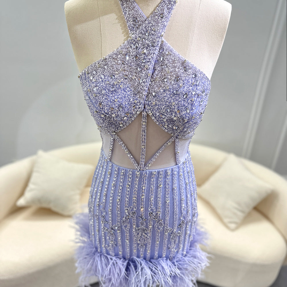 Luxury Feathers Nude Crystal Halter Neck Mini Evening Dresses SS312