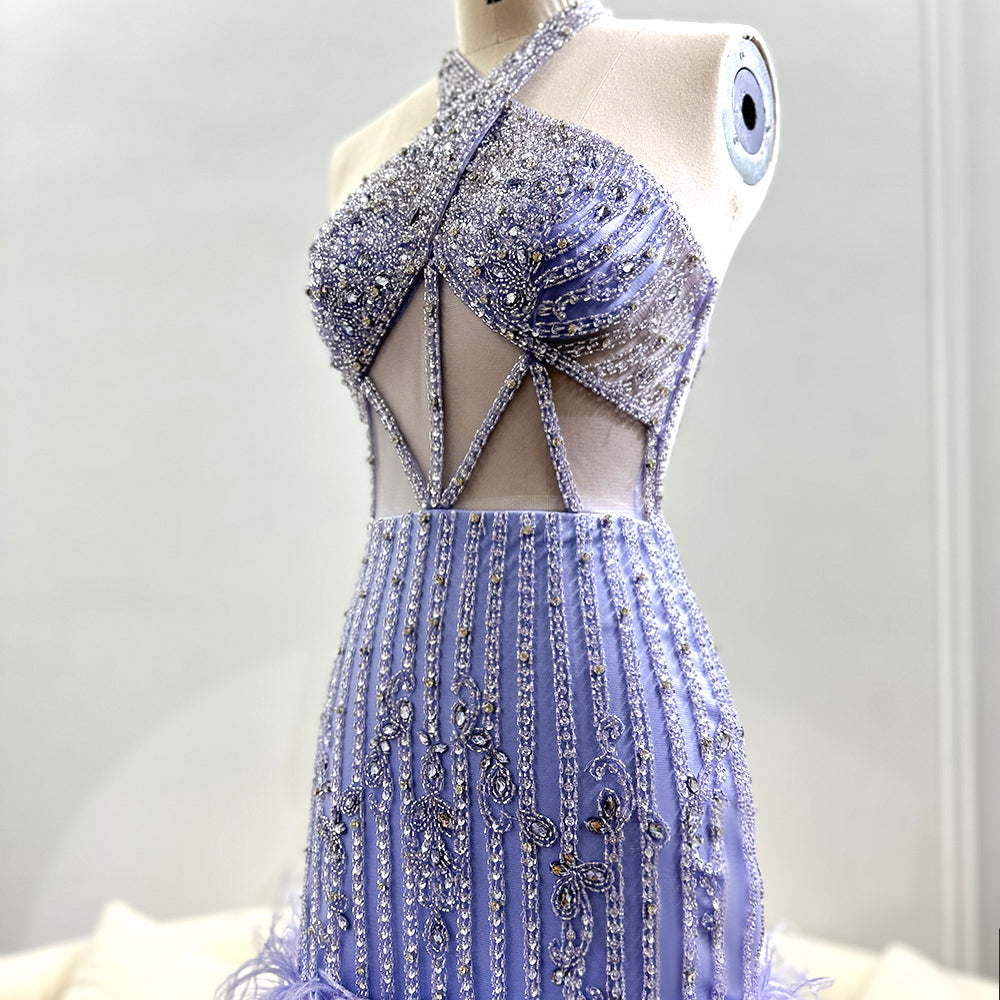Luxury Feathers Nude Crystal Halter Neck Mini Evening Dresses SS312