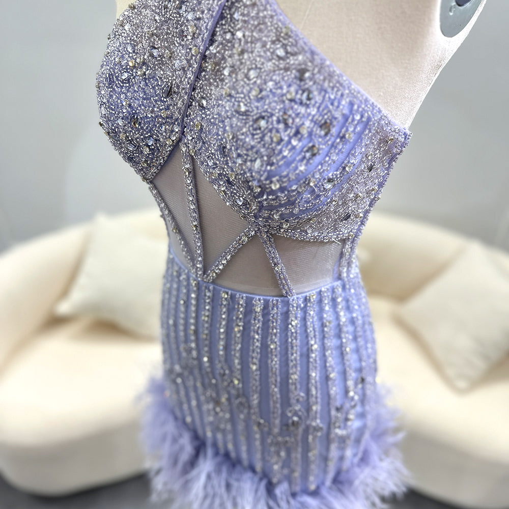 Luxury Feathers Nude Crystal Halter Neck Mini Evening Dresses SS312