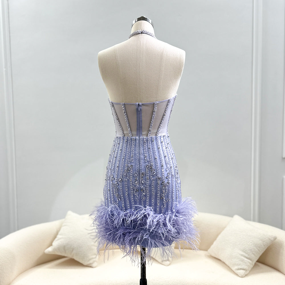 Luxury Feathers Nude Crystal Halter Neck Mini Evening Dresses SS312
