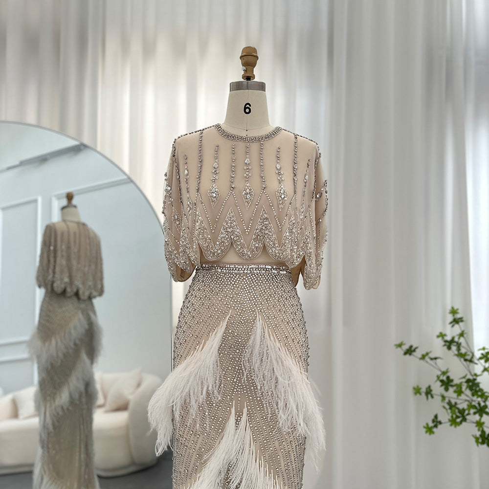 Luxury Beaded White Feathers 2 Pieces Evening Dress SS363