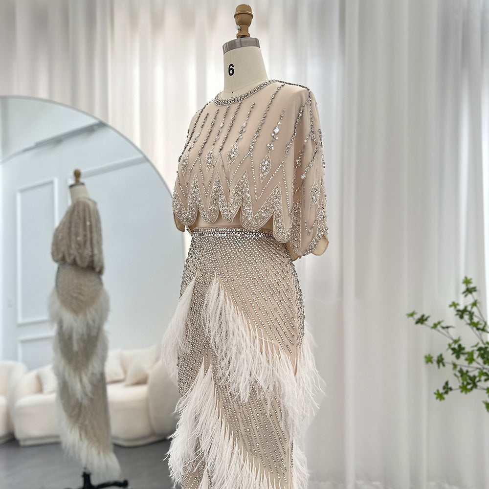 Luxury Beaded White Feathers 2 Pieces Evening Dress SS363