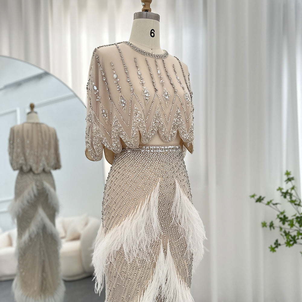 Luxury Beaded White Feathers 2 Pieces Evening Dress SS363