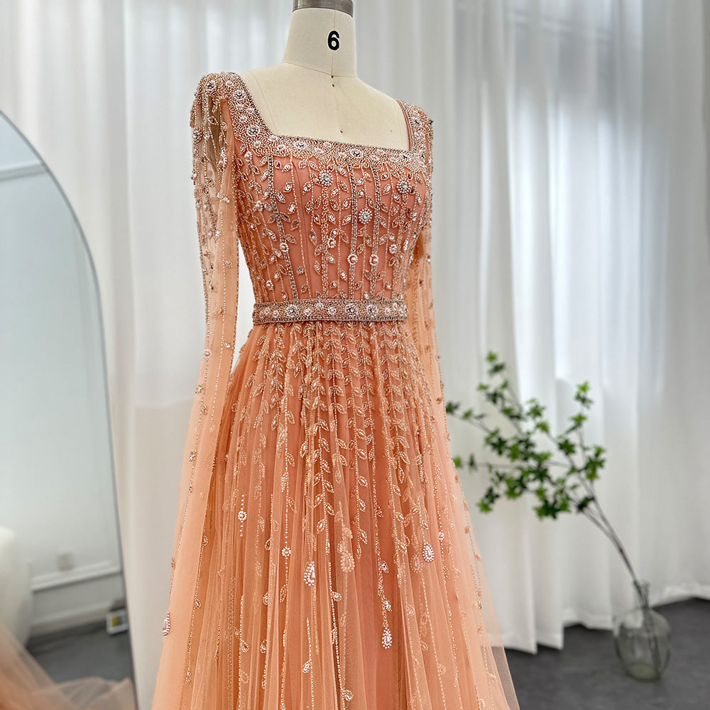 Luxury Beaded Pink Square Neck Cape Sleeves Evening Dress SS494