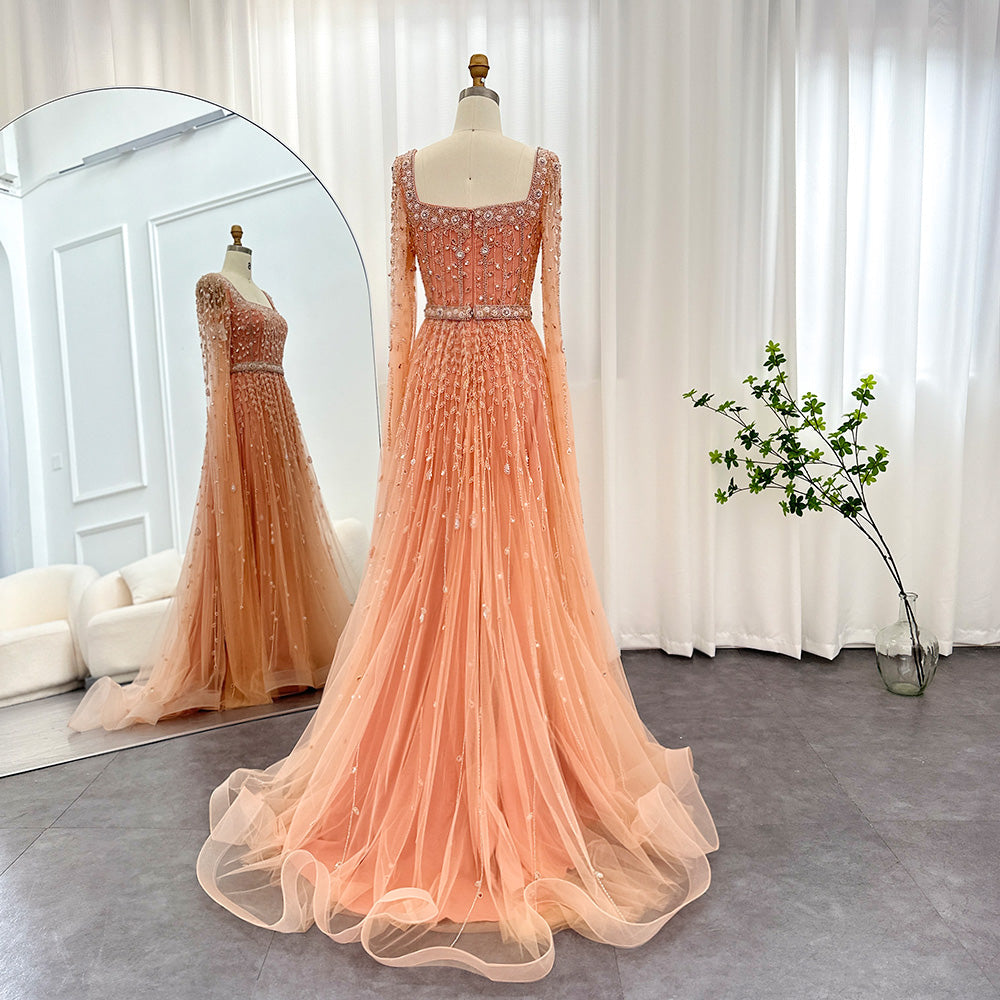 Luxury Beaded Pink Square Neck Cape Sleeves Evening Dress SS494