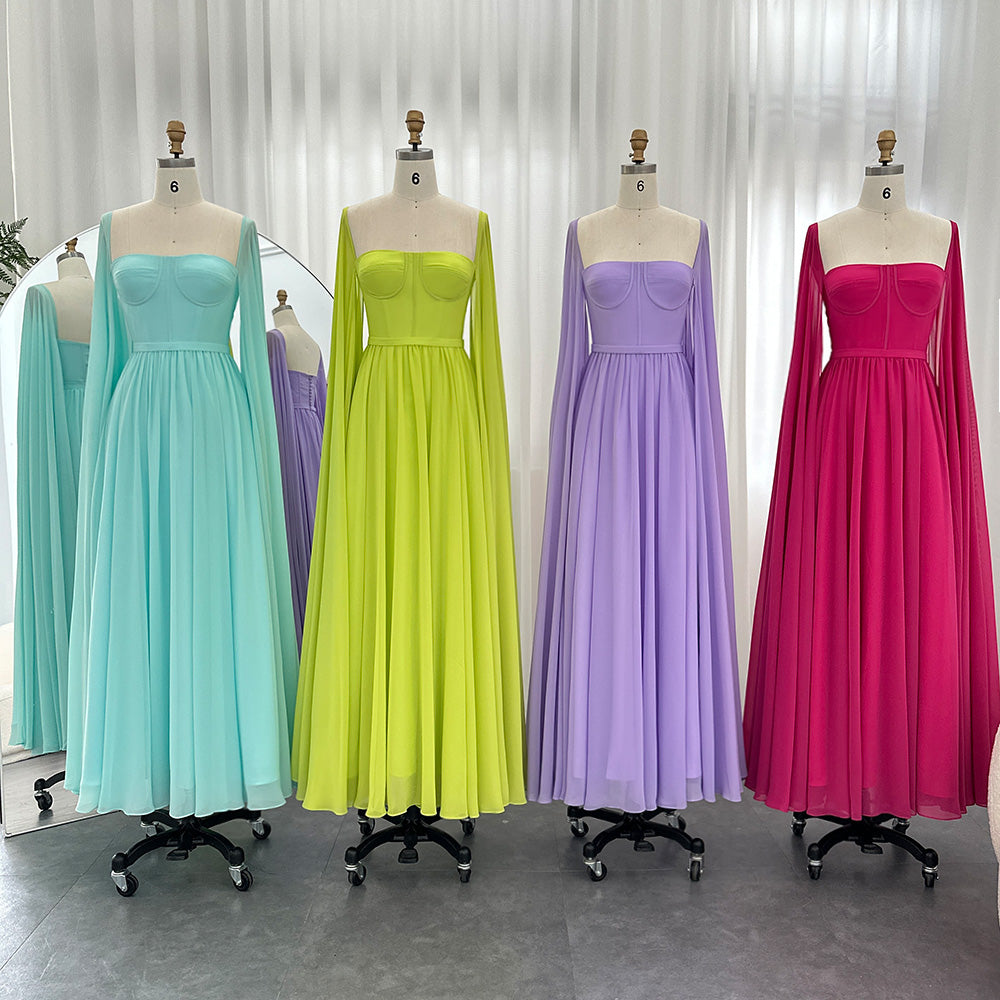 Luxury A-Line Chiffon Evening Dress with Cape Sleeves SF076