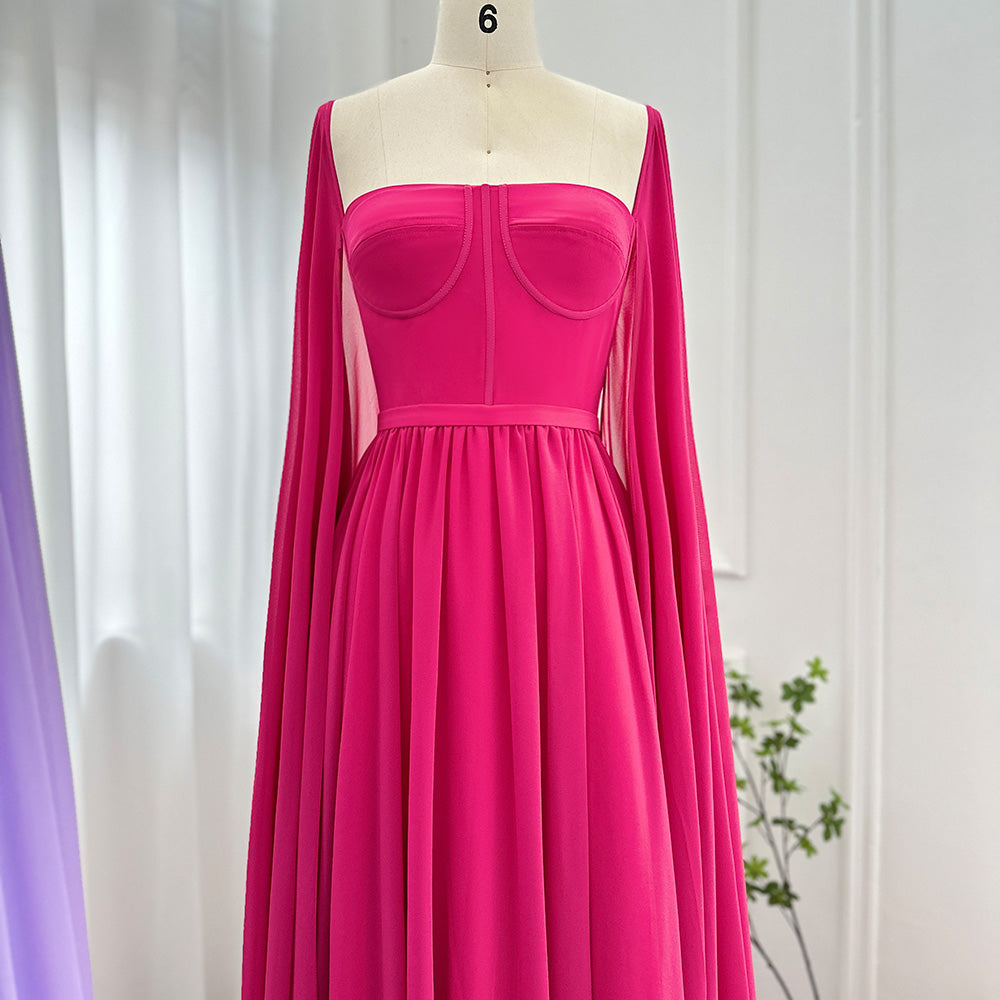 Luxury A-Line Chiffon Evening Dress with Cape Sleeves SF076
