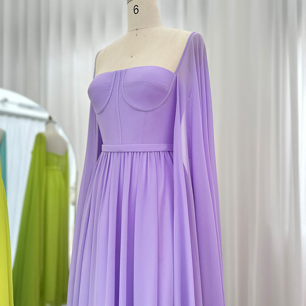 Luxury A-Line Chiffon Evening Dress with Cape Sleeves SF076