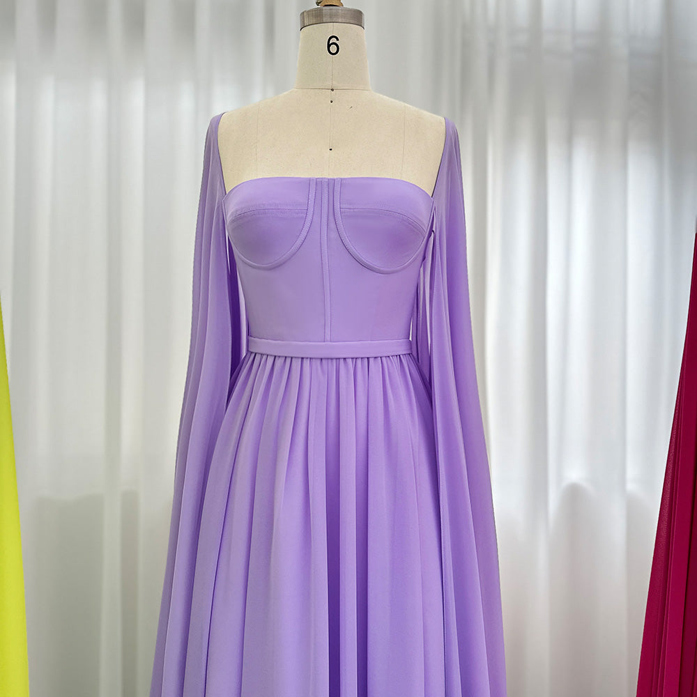 Luxury A-Line Chiffon Evening Dress with Cape Sleeves SF076