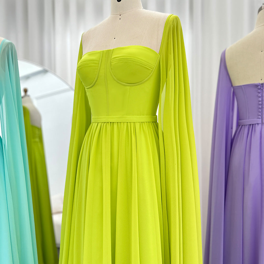 Luxury A-Line Chiffon Evening Dress with Cape Sleeves SF076