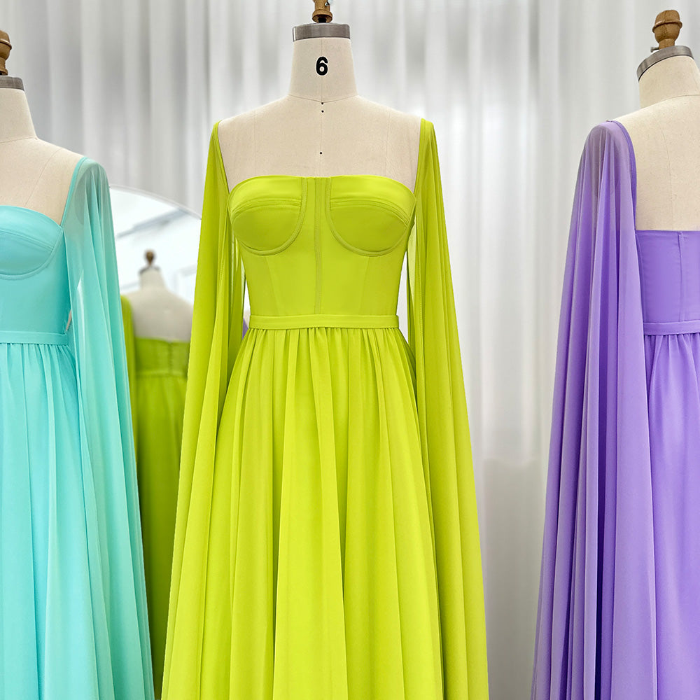 Luxury A-Line Chiffon Evening Dress with Cape Sleeves SF076