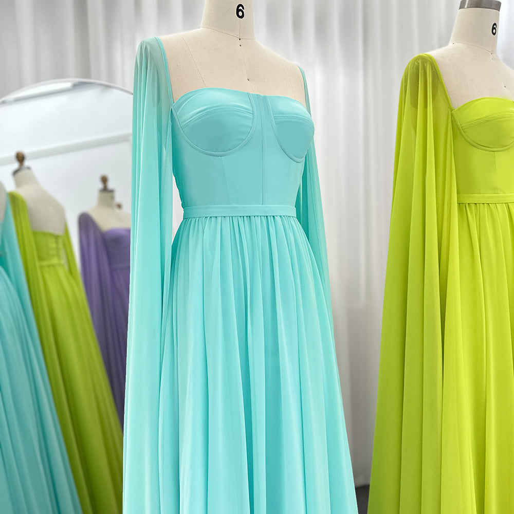 Luxury A-Line Chiffon Evening Dress with Cape Sleeves SF076