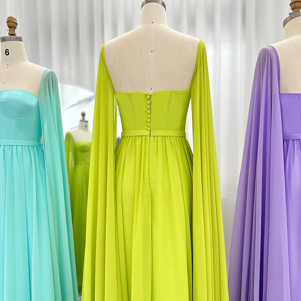 Luxury A-Line Chiffon Evening Dress with Cape Sleeves SF076