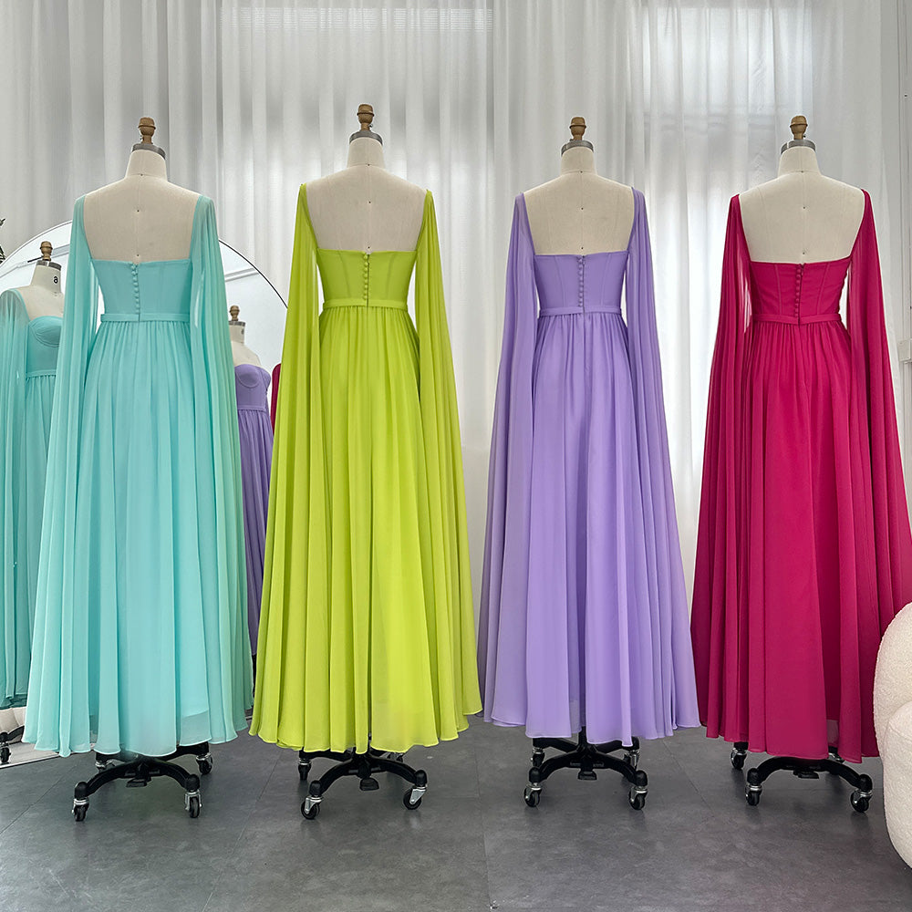 Luxury A-Line Chiffon Evening Dress with Cape Sleeves SF076
