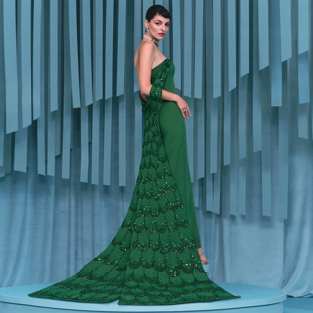 Elegant Emerald Green Beaded Evening Dress with Overskirt SS645