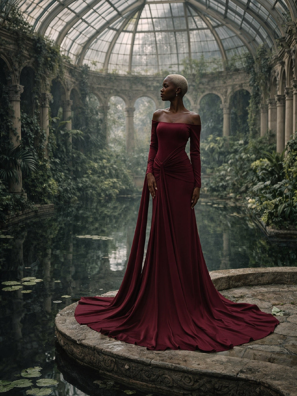 Sophisticated Wine Red Long Sleeve Ruched Evening Dress with Cap Sleeve SF225