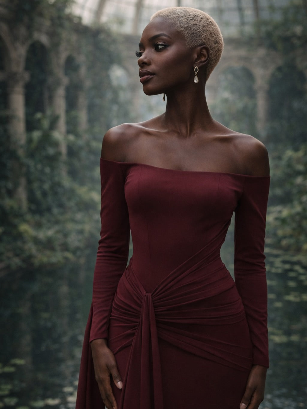 Sophisticated Wine Red Long Sleeve Ruched Evening Dress with Cap Sleeve SF225