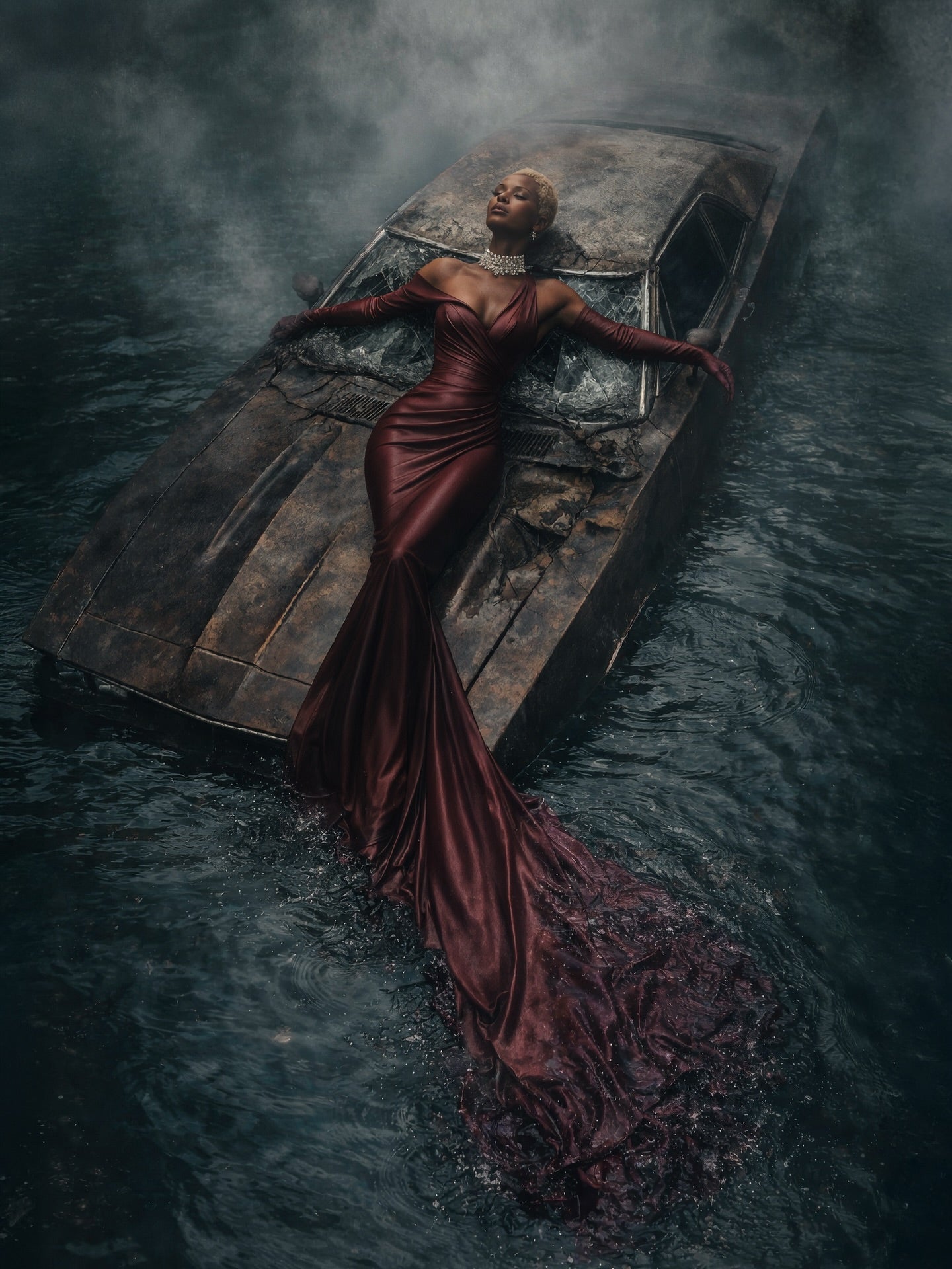 Edgy Burgundy Satin Silk Asymmetry Neck Mermaid Evening Dress SF227
