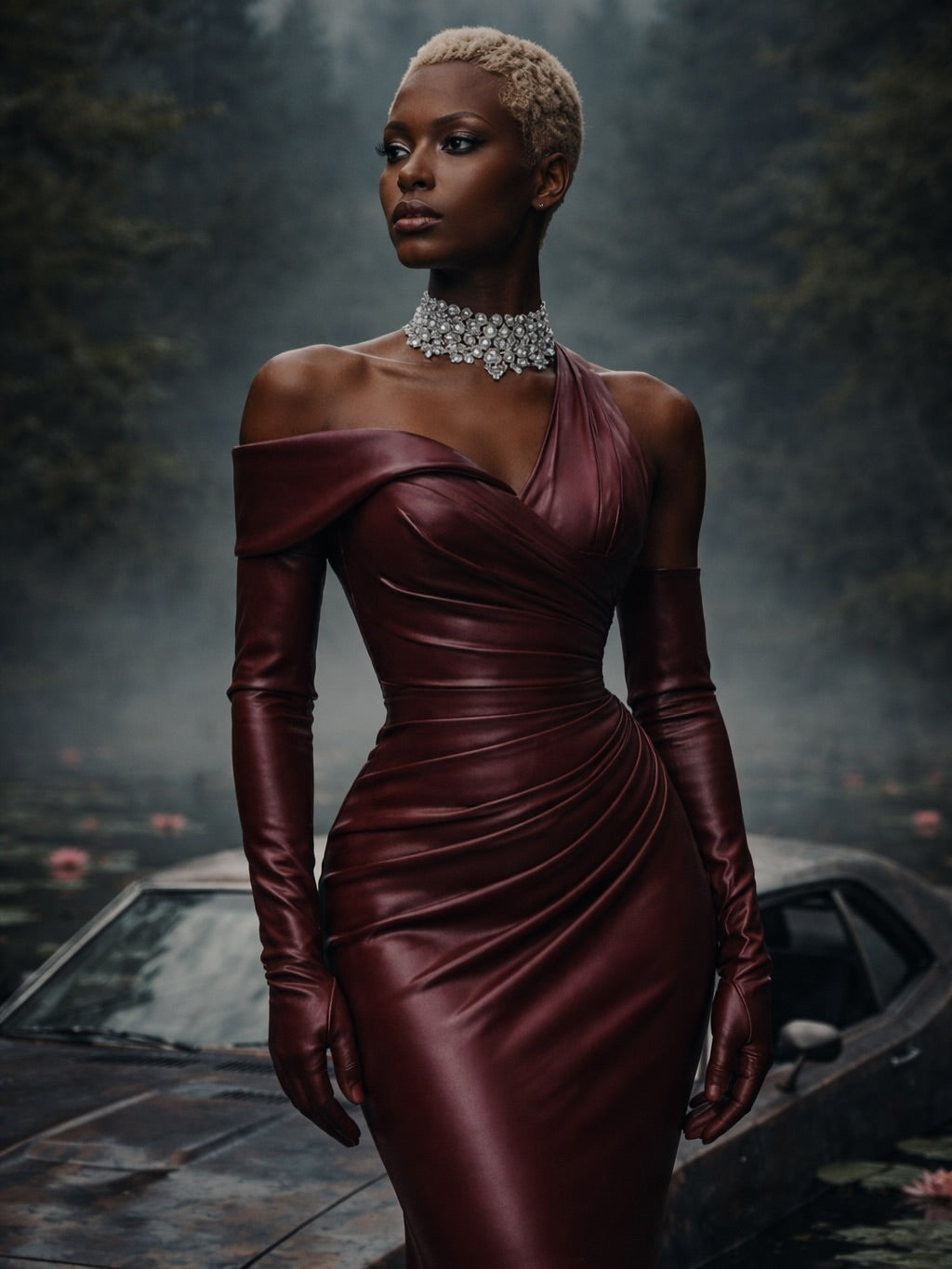 Edgy Burgundy Satin Silk Asymmetry Neck Mermaid Evening Dress SF227