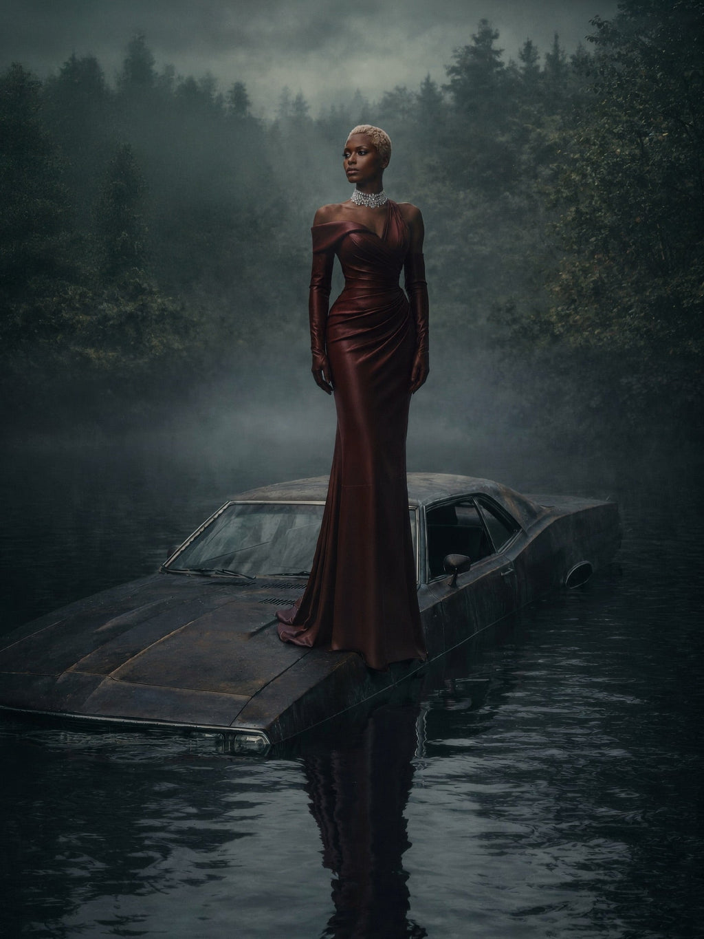 Edgy Burgundy Satin Silk Asymmetry Neck Mermaid Evening Dress SF227