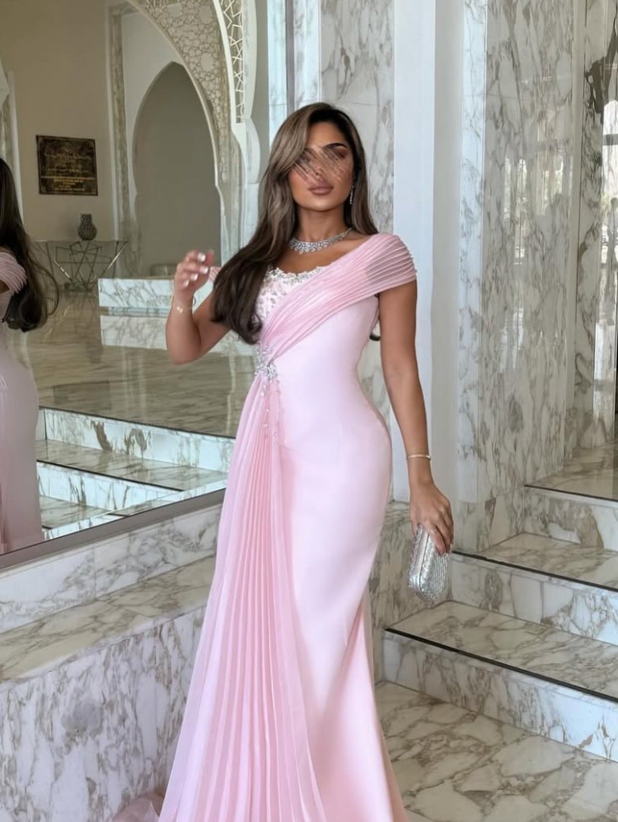 Elegant pink Mermaid Evening Dress with Overskirt SF401