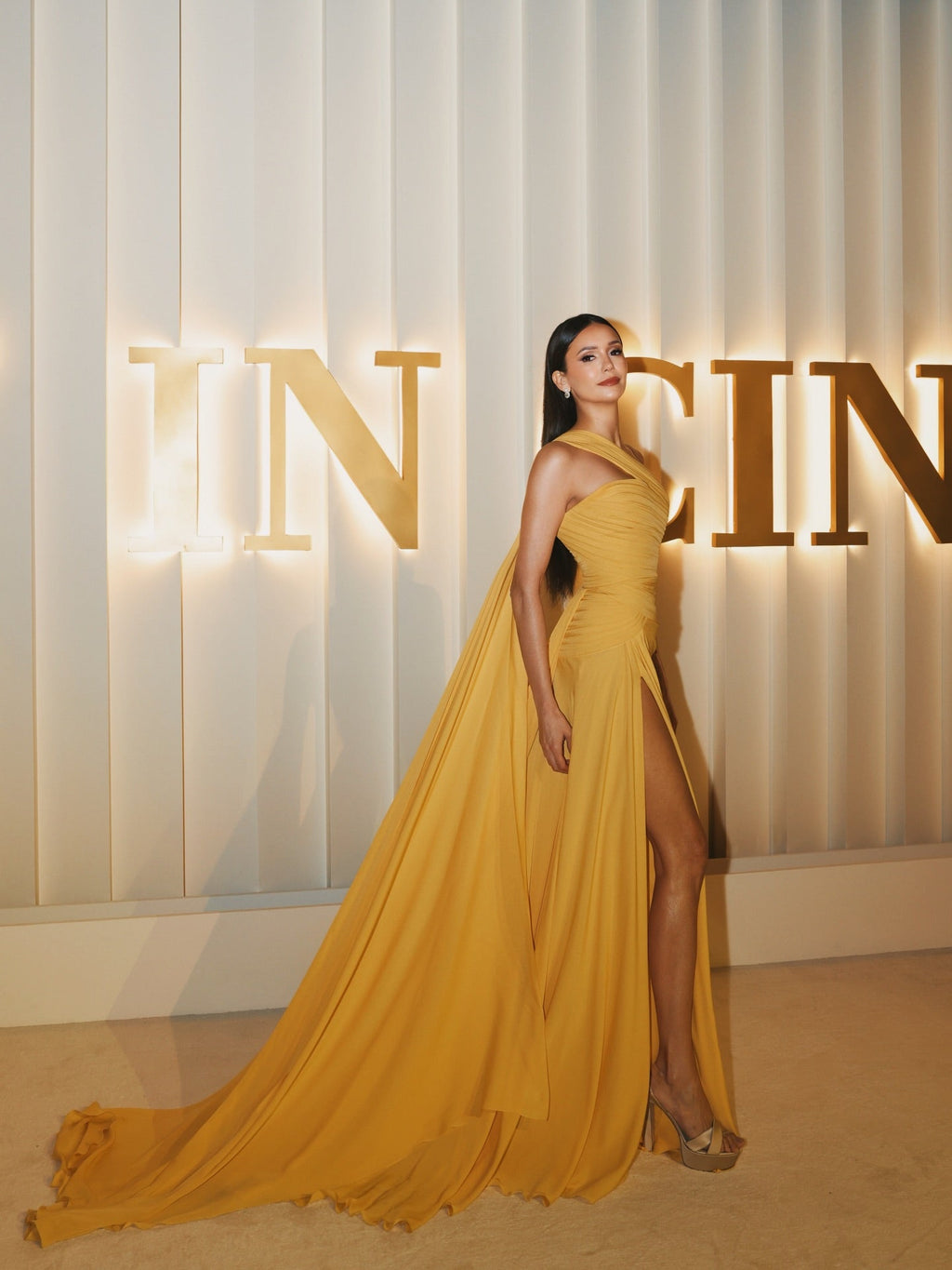 Luxury Marigold One-Shoulder Ruched Fitted Train Evening Dress SF009