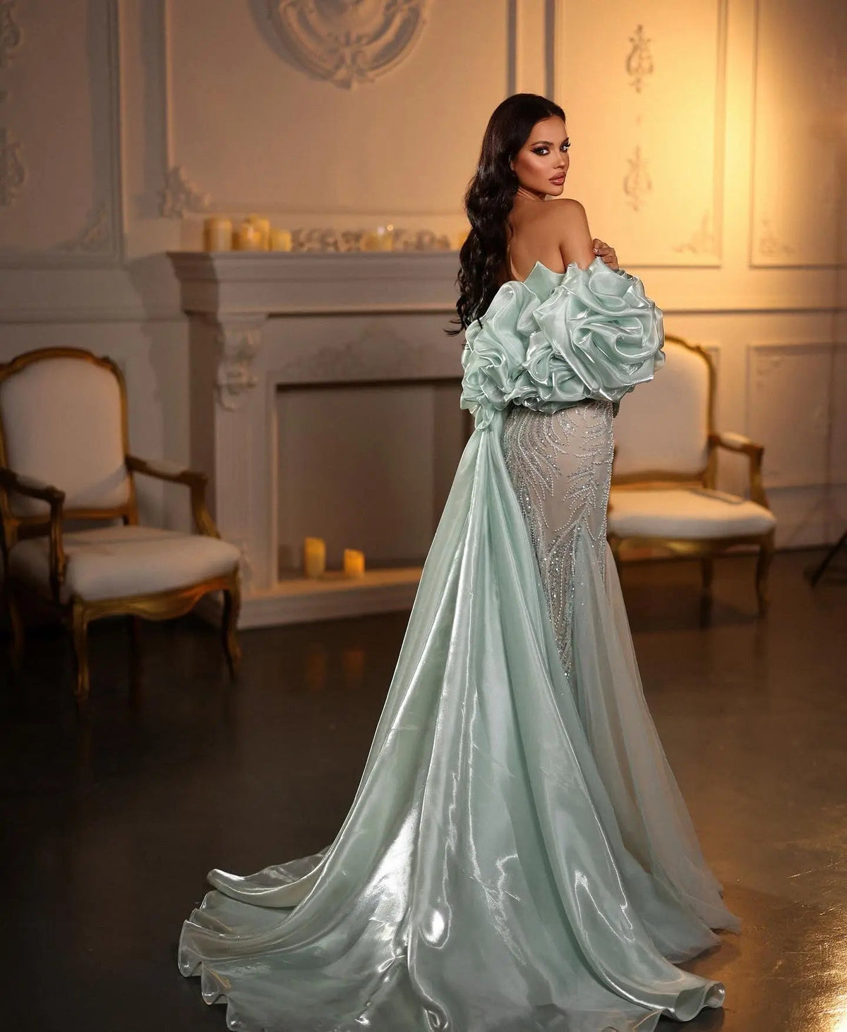Luxury Aqua Strapless Puff Sleeve Beaded Mermaid Evening Dress SS501