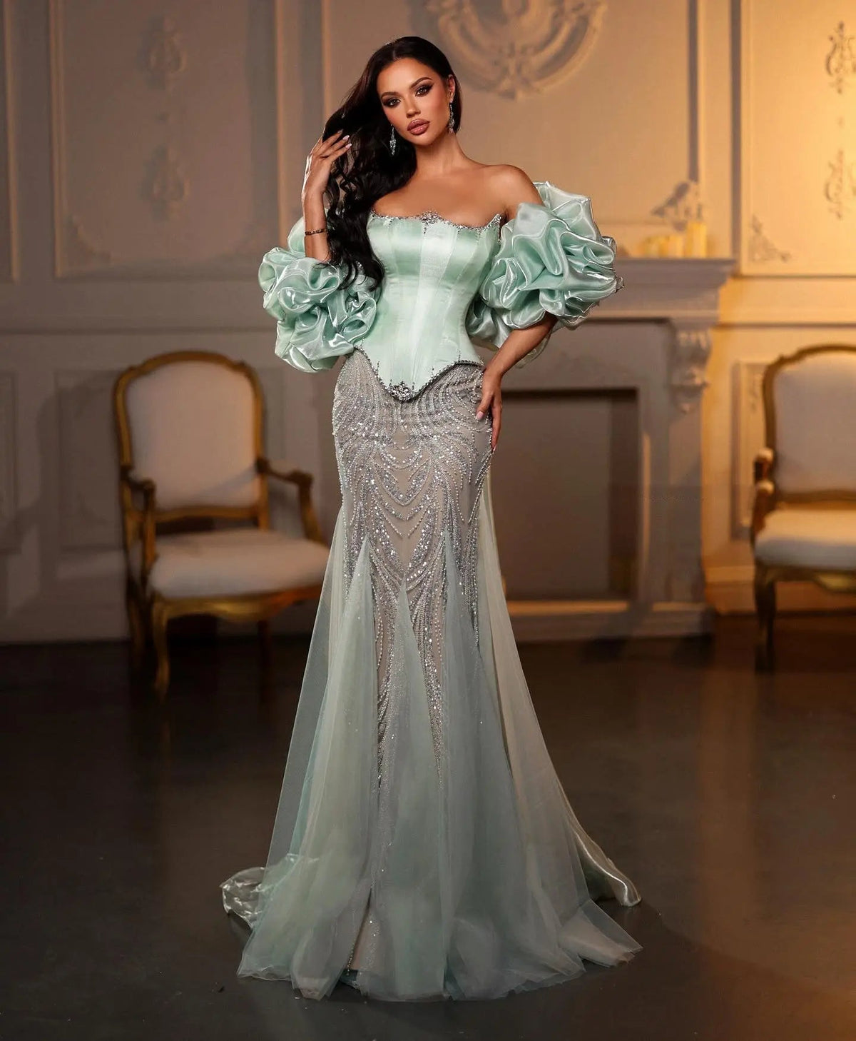 Luxury Aqua Strapless Puff Sleeve Beaded Mermaid Evening Dress SS501