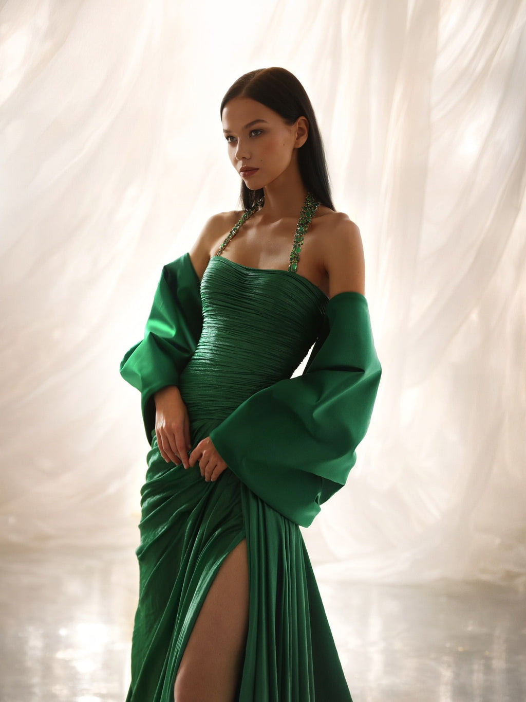 Glamorous Green Puff Sleeve High Slit Satin Evening Dress with Cap Sleeve SF220