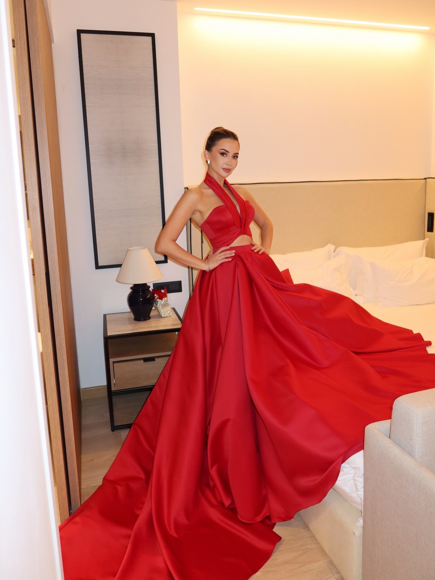 Modern Red Halter Neck Cut-Out Satin Evening Dress with Overskirt SF262