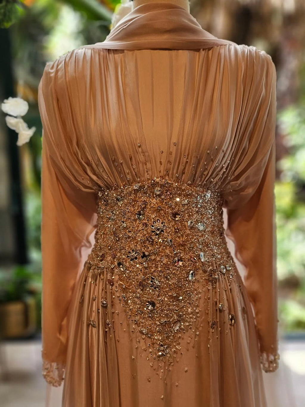 Luxury Champagne Crystal Beaded Fitted Evening Dress with Sheer Cape SS533