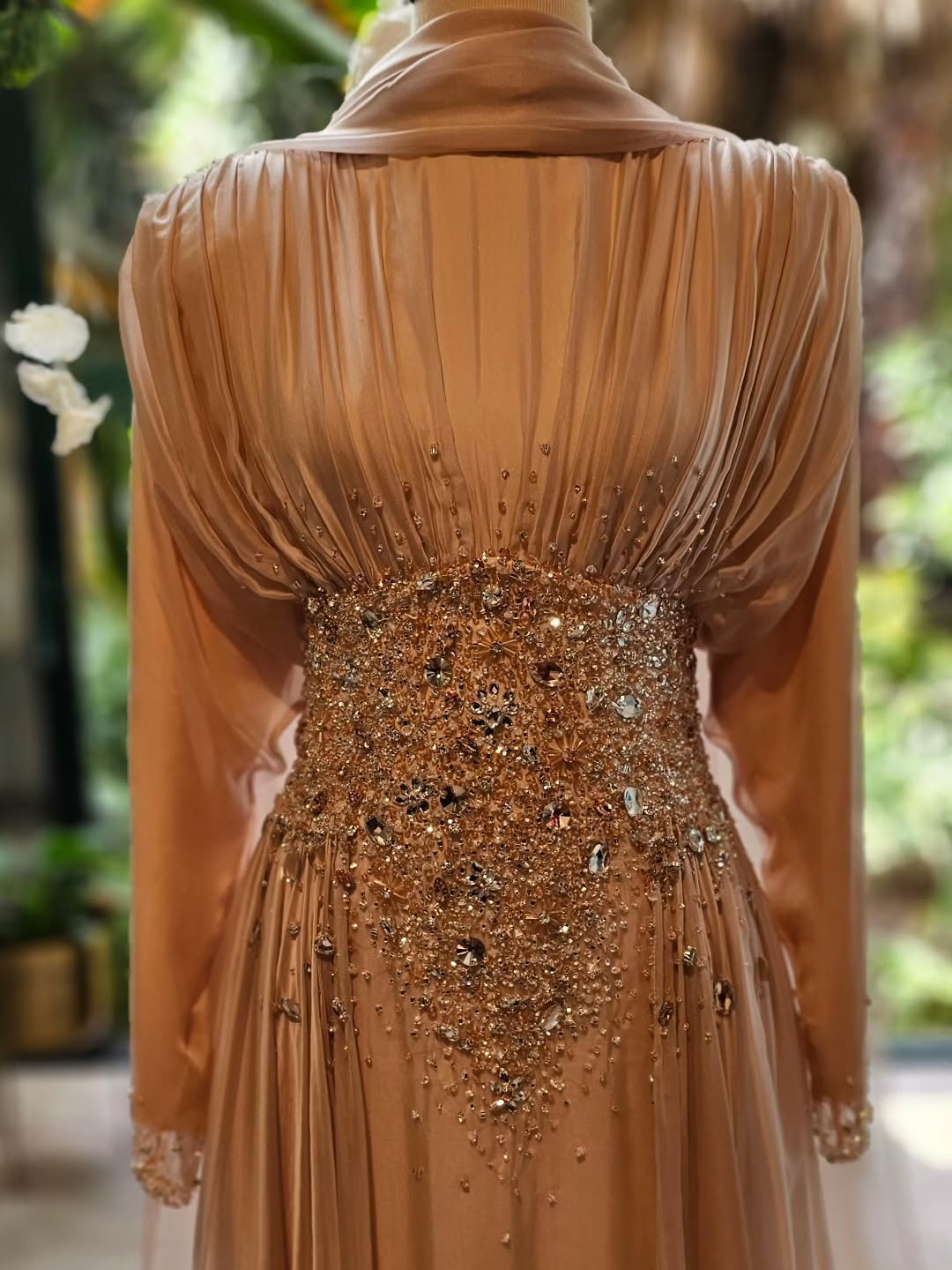 Luxury Champagne Crystal Beaded Fitted Evening Dress with Sheer Cape SS533