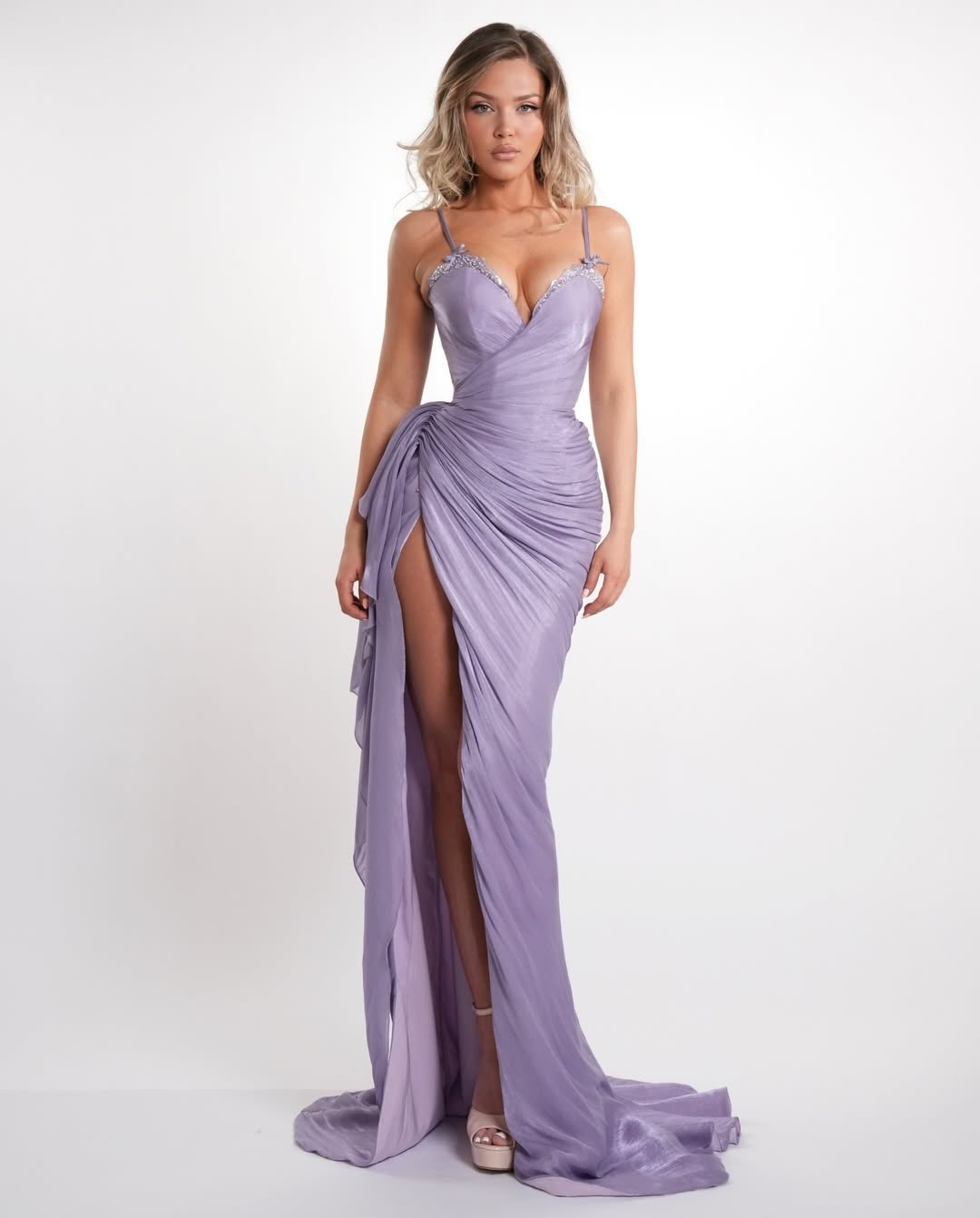 Romantic Lilac Sweetheart High Slit Evening Dress with Overskirt SF101