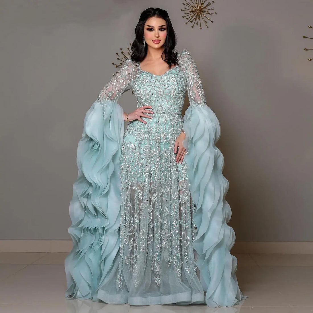 Luxury Aqua Ruffled Cape Crystal Sequin Evening Dress SS410