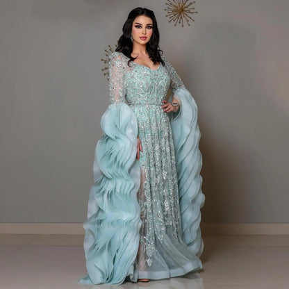 Luxury Aqua Ruffled Cape Crystal Sequin Evening Dress SS410