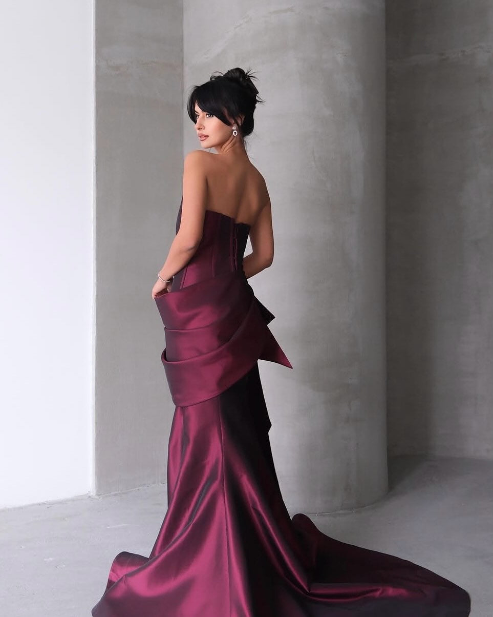 Luxury Burgundy Satin Strapless Draped Train Evening Dress SF494