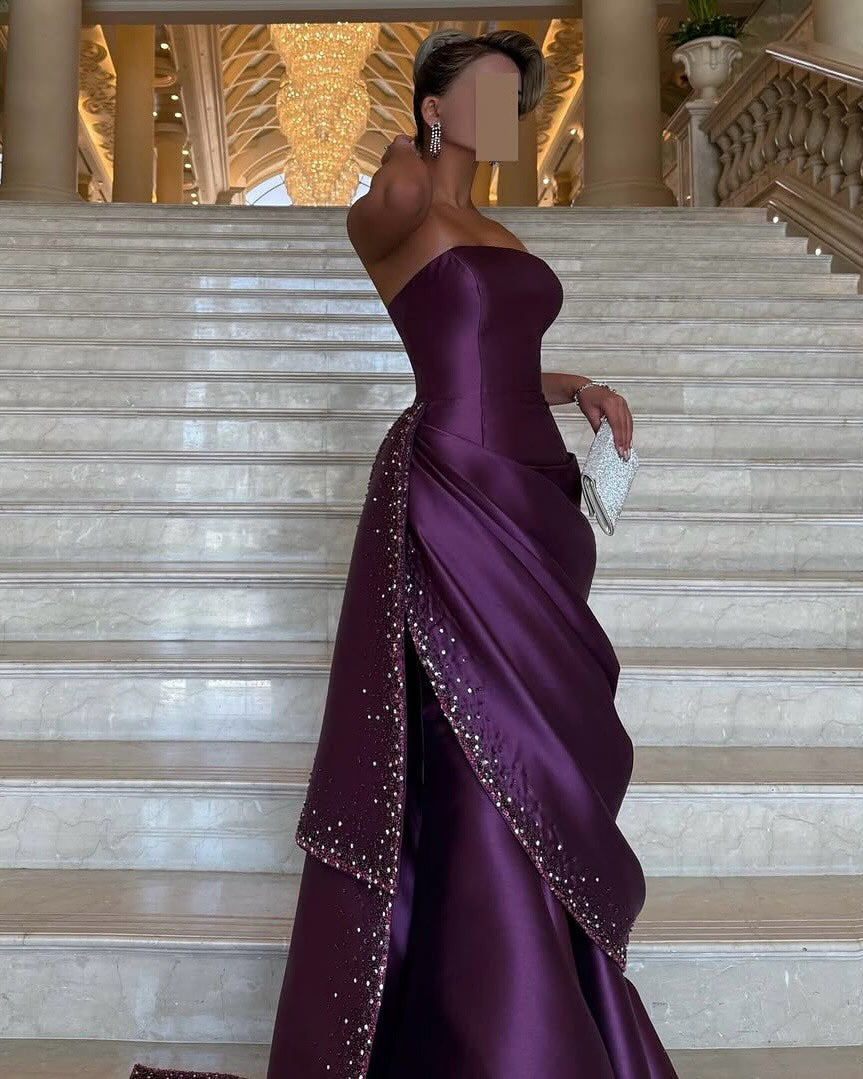 Luxury Purple Ruffles Crystal Evening Dress with Overskirt SF202