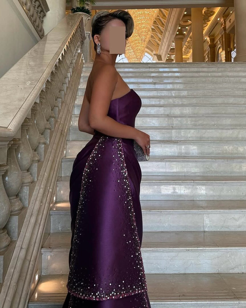 Luxury Purple Ruffles Crystal Evening Dress with Overskirt SF202