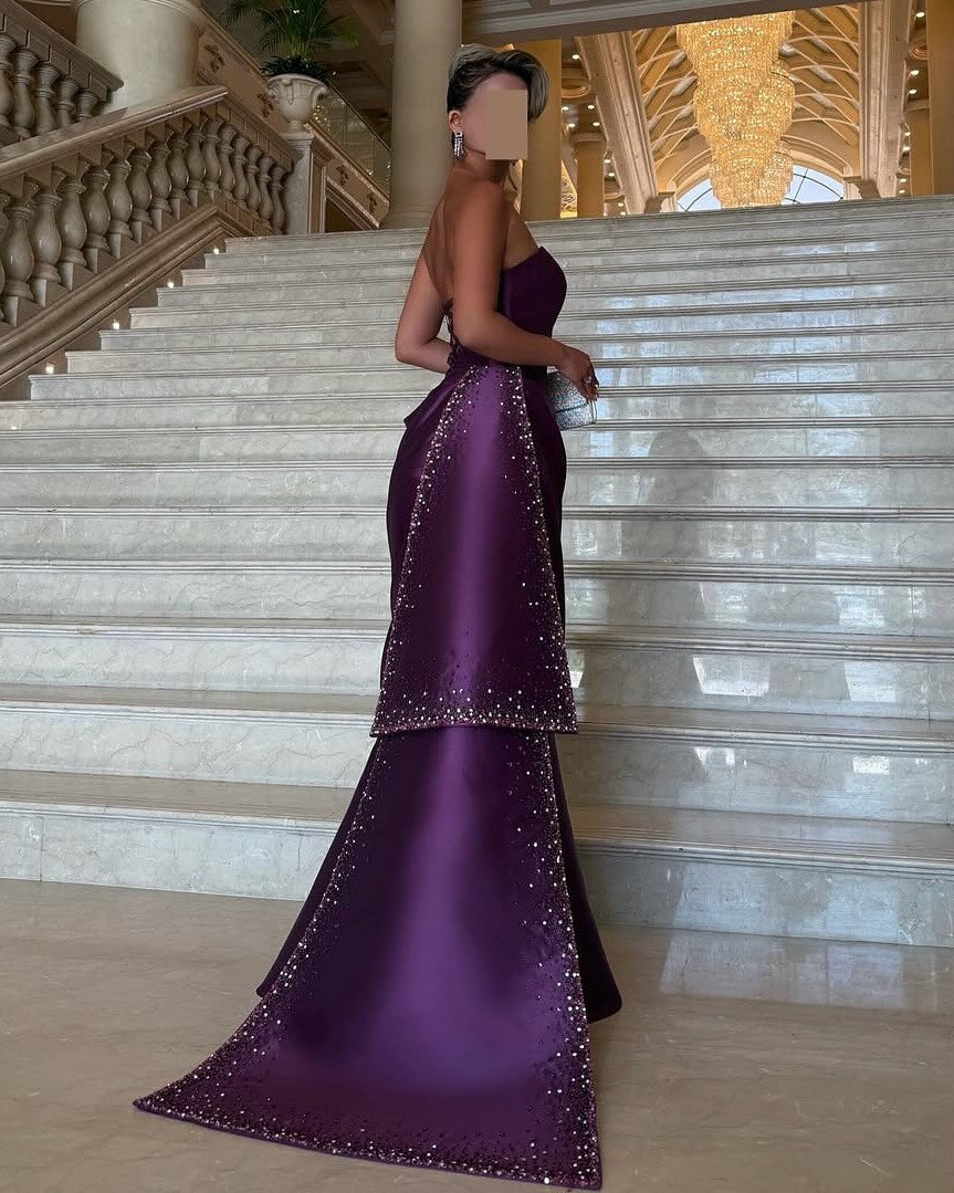 Luxury Purple Ruffles Crystal Evening Dress with Overskirt SF202