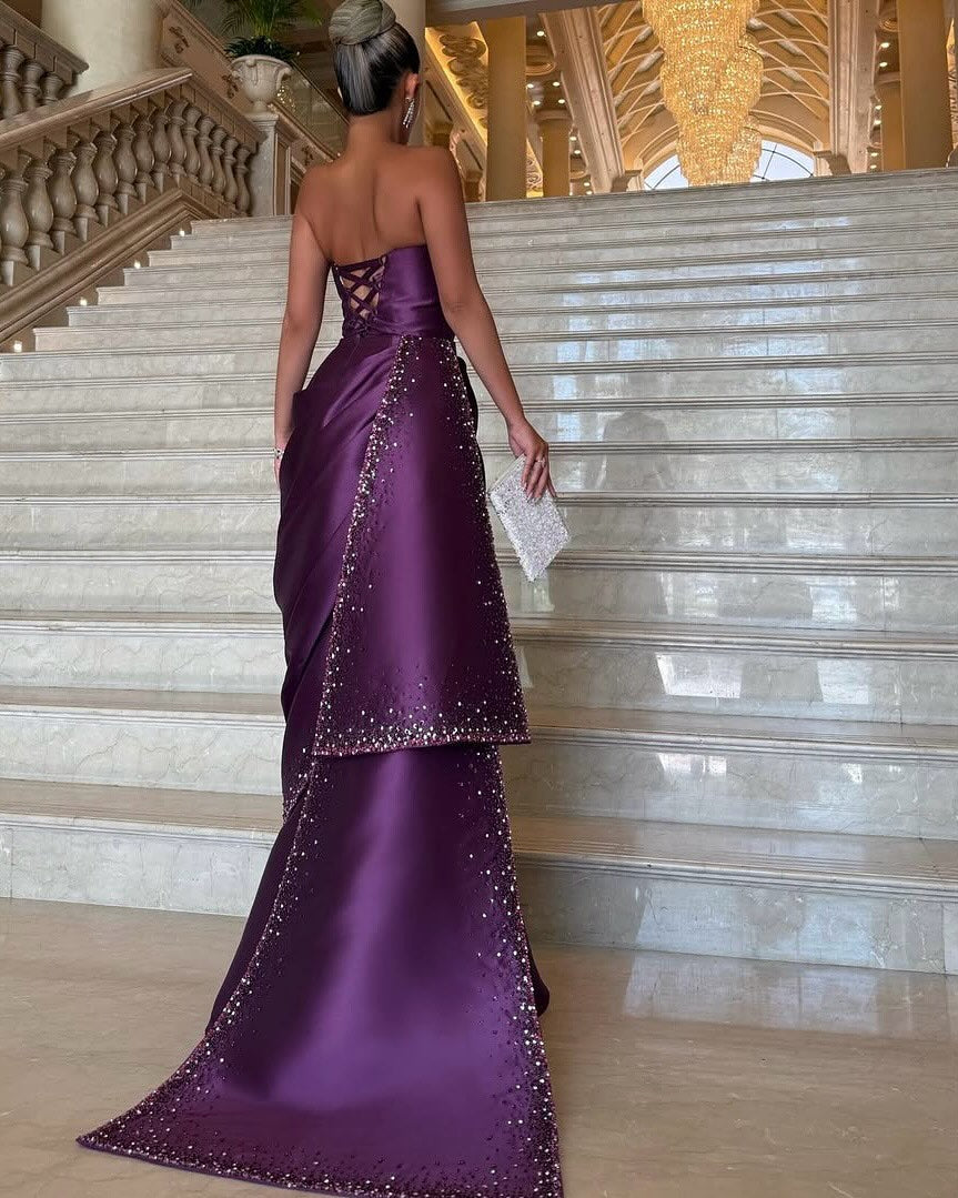 Luxury Purple Ruffles Crystal Evening Dress with Overskirt SF202