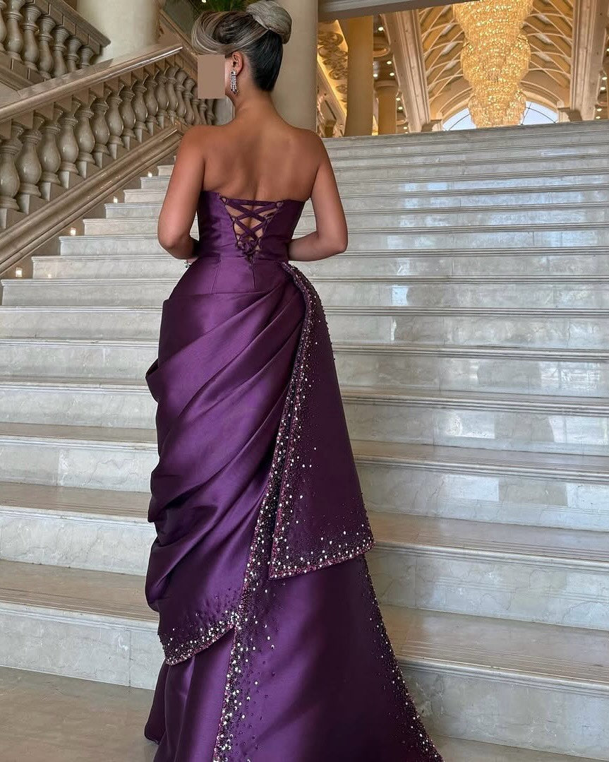 Luxury Purple Ruffles Crystal Evening Dress with Overskirt SF202
