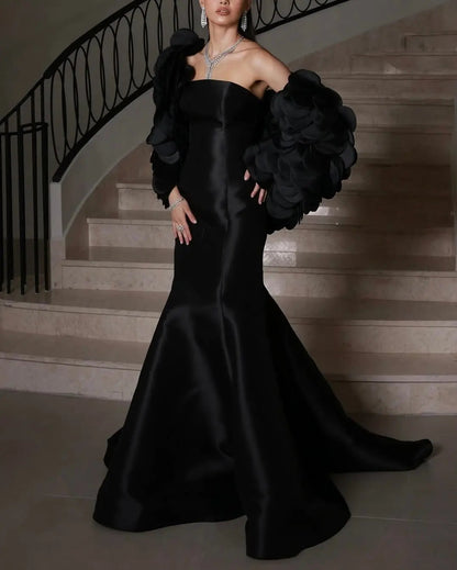 Luxury Black Strapless Mermaid Evening Dress with Petal Overlay SF 588