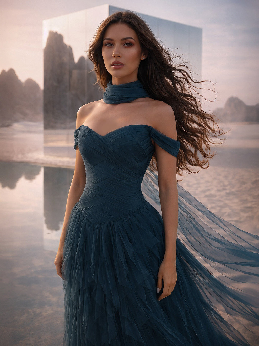 Bohemian Navy Blue Off-the-Shoulder Ruffled Tulle Evening Dress with Scarf SF215