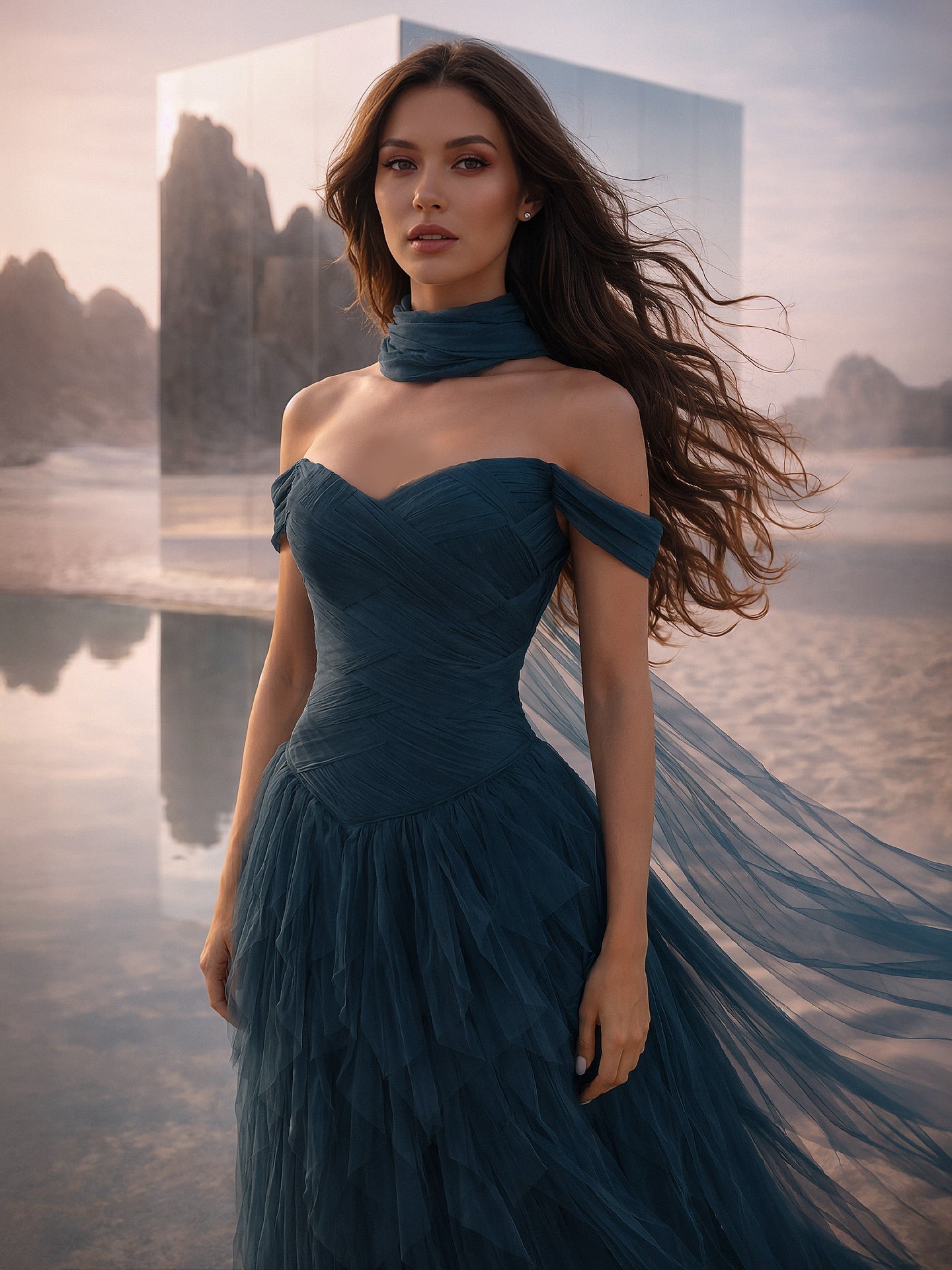 Bohemian Navy Blue Off-the-Shoulder Ruffled Tulle Evening Dress with Scarf SF215