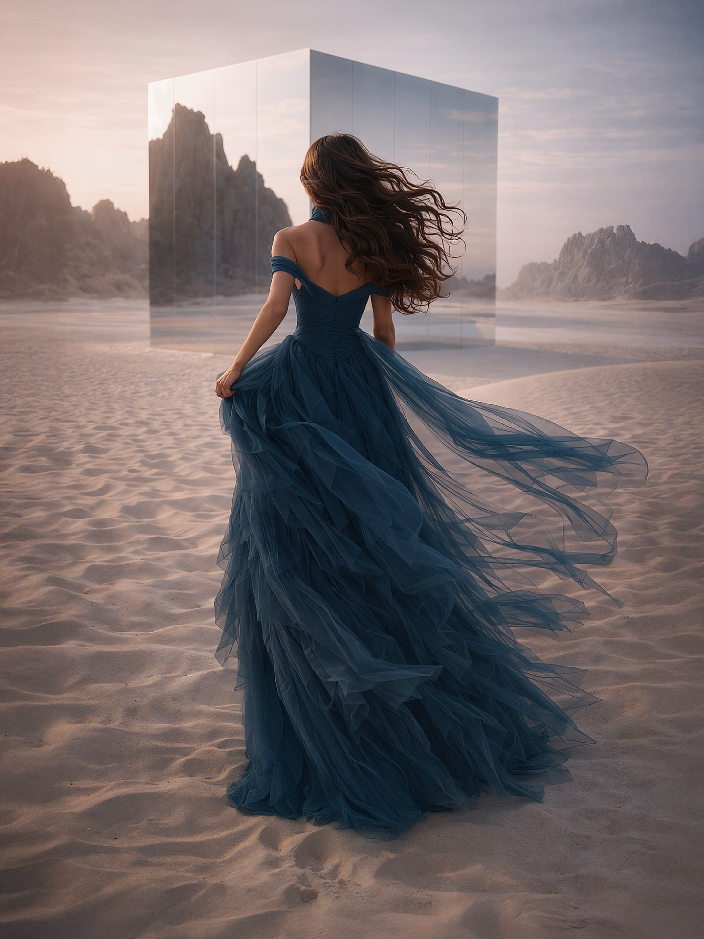 Bohemian Navy Blue Off-the-Shoulder Ruffled Tulle Evening Dress with Scarf SF215