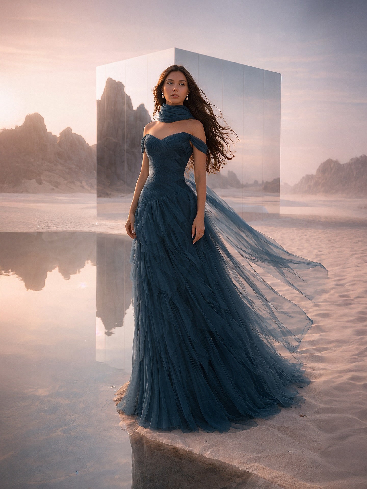 Bohemian Navy Blue Off-the-Shoulder Ruffled Tulle Evening Dress with Scarf SF215